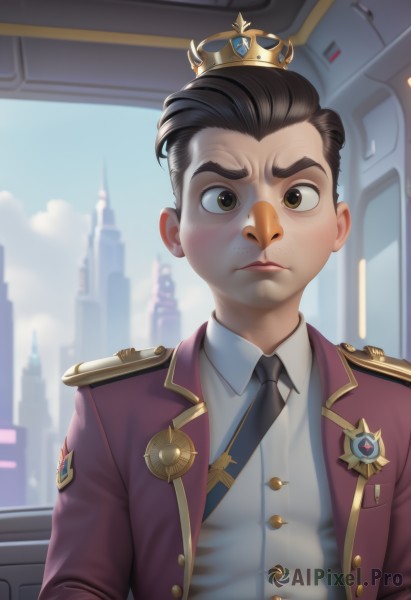 solo,looking at viewer,short hair,brown hair,shirt,black hair,1boy,brown eyes,closed mouth,jacket,white shirt,upper body,male focus,open clothes,necktie,sky,day,collared shirt,artist name,cloud,indoors,uniform,open jacket,window,blurry background,thick eyebrows,crown,building,black necktie,red jacket,freckles,epaulettes,badge,medal,blurry,purple jacket