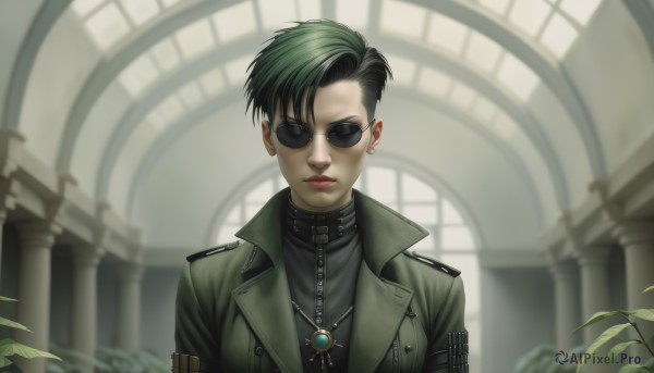 1girl,solo,looking at viewer,short hair,black hair,1boy,jewelry,closed mouth,jacket,upper body,male focus,multicolored hair,earrings,green hair,indoors,necklace,blurry,collar,two-tone hair,lips,coat,black shirt,blurry background,turtleneck,sunglasses,cross,plant,pendant,green jacket,realistic,nose,leather,undercut,arch,aviator sunglasses,bangs,backlighting,red lips