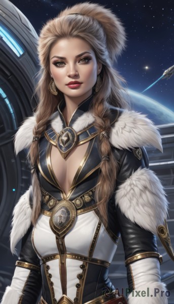 1girl,solo,long hair,breasts,looking at viewer,brown hair,cleavage,brown eyes,jewelry,medium breasts,closed mouth,upper body,braid,earrings,sky,belt,twin braids,lips,fur trim,makeup,cleavage cutout,lipstick,star (sky),hair over shoulder,eyeshadow,starry sky,realistic,nose,red lips,eyeliner,space,planet,spacecraft,multiple braids,blonde hair,yellow eyes,artist name,freckles,fur collar,earth (planet)