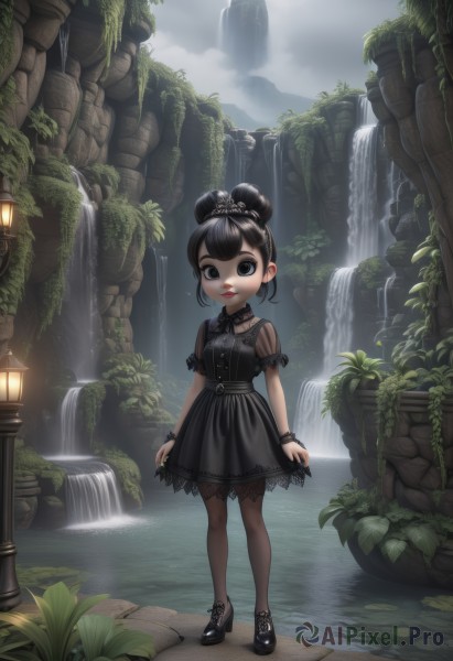 1girl,solo,looking at viewer,short hair,bangs,black hair,dress,bow,jewelry,closed mouth,standing,full body,flower,short sleeves,hair bow,pantyhose,outdoors,parted lips,sky,shoes,choker,day,puffy sleeves,artist name,cloud,water,hair bun,nail polish,black footwear,black eyes,black dress,high heels,bracelet,puffy short sleeves,lips,fingernails,see-through,black pantyhose,eyelashes,double bun,black bow,makeup,short dress,single hair bun,cloudy sky,plant,lipstick,child,nature,black nails,scenery,lace trim,lace,eyeshadow,lolita fashion,arms at sides,gothic lolita,red lips,pigeon-toed,waterfall,fog,gothic,lace-trimmed dress,black theme,breasts,smile,hair ornament,sidelocks,alternate hairstyle,watermark,web address,skirt hold,lamp,see-through sleeves,moss