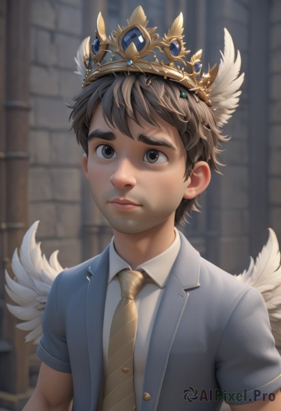 solo,short hair,brown hair,shirt,1boy,brown eyes,closed mouth,jacket,white shirt,upper body,short sleeves,male focus,wings,necktie,collared shirt,indoors,blurry,black eyes,blurry background,facial hair,thick eyebrows,crown,blue jacket,feathered wings,freckles,angel wings,realistic,nose,white wings,male child,yellow necktie,brown necktie,looking at viewer,bangs,outdoors,striped,artist name,formal,suit,gem,brick wall