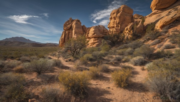 outdoors,sky,day,cloud,blue sky,no humans,cloudy sky,grass,nature,scenery,rock,mountain,landscape,tree,realistic,sand,desert