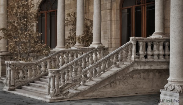 outdoors,indoors,tree,no humans,window,plant,building,scenery,stairs,railing,architecture,pillar,statue,church,arch,column,night,bush,east asian architecture,stone stairs