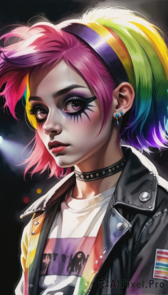 1girl,solo,looking at viewer,short hair,bangs,shirt,jewelry,jacket,white shirt,upper body,pink hair,purple hair,multicolored hair,hairband,earrings,parted lips,green hair,open clothes,choker,artist name,pink eyes,collar,open jacket,lips,black jacket,eyelashes,makeup,piercing,lipstick,t-shirt,ear piercing,clothes writing,multicolored clothes,spikes,eyeshadow,nose,red lips,stud earrings,eyeliner,leather,print shirt,leather jacket,mascara,rainbow hair,blush,closed mouth,purple eyes,two-tone hair,black choker,black background,web address,realistic,facepaint,patch