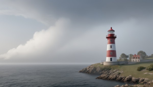 outdoors,sky,day,cloud,water,tree,blue sky,no humans,ocean,grass,building,nature,scenery,rock,mountain,horizon,house,river,castle,tower,landscape,cliff,scarlet devil mansion,cloudy sky,road,bush,shore,path,lighthouse