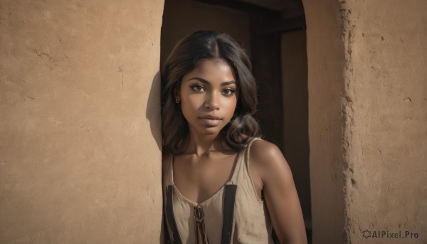 1girl,solo,long hair,looking at viewer,brown hair,black hair,bare shoulders,brown eyes,jewelry,closed mouth,collarbone,upper body,earrings,dark skin,medium hair,flat chest,dark-skinned female,lips,suspenders,curly hair,realistic,against wall,wall,breasts,smile,zipper