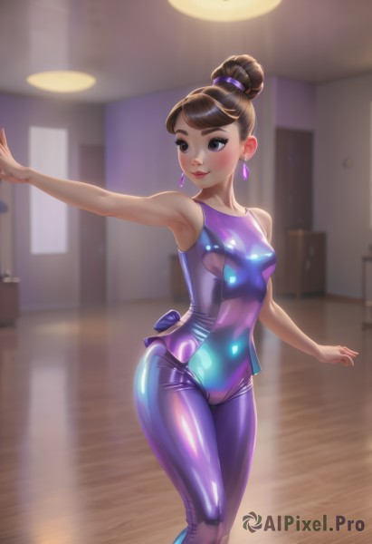 1girl,solo,breasts,blush,smile,bangs,brown hair,bare shoulders,jewelry,closed mouth,standing,purple eyes,collarbone,earrings,small breasts,shiny,indoors,armpits,hair bun,blurry,black eyes,leotard,lips,bodysuit,covered navel,makeup,blurry background,cameltoe,single hair bun,outstretched arm,skin tight,shiny clothes,wooden floor,purple leotard,short hair,brown eyes,swimsuit,watermark,web address,nose,unitard