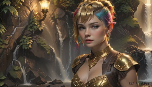 1girl,solo,breasts,looking at viewer,smile,short hair,bangs,blue eyes,blonde hair,cleavage,jewelry,medium breasts,blue hair,upper body,pink hair,multicolored hair,earrings,outdoors,parted lips,water,armor,two-tone hair,tree,lips,streaked hair,wet,eyelashes,makeup,leaf,plant,shoulder armor,pauldrons,lantern,rock,realistic,nose,fantasy,lamp,shoulder pads,waterfall,cave,moss,gorget,teeth,necklace,watermark,freckles