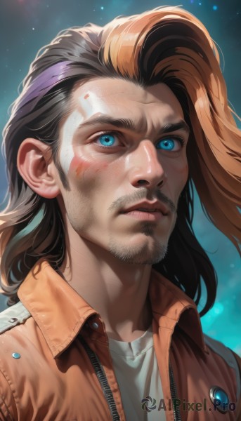 solo,long hair,looking at viewer,bangs,blue eyes,brown hair,shirt,black hair,1boy,jacket,white shirt,upper body,male focus,multicolored hair,open clothes,shiny,artist name,orange hair,two-tone hair,open jacket,facial hair,portrait,grey shirt,beard,brown jacket,realistic,mustache,stubble,dirty,dirty face,closed mouth,medium hair,lips,gradient background,glowing,red jacket,zipper,nose