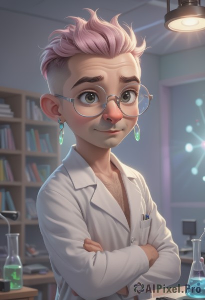 solo,looking at viewer,smile,short hair,shirt,long sleeves,1boy,brown eyes,jewelry,closed mouth,white shirt,upper body,pink hair,male focus,earrings,glasses,indoors,blurry,grey eyes,book,blurry background,crossed arms,child,round eyewear,labcoat,bookshelf,male child,undercut,chest hair,test tube,flask,green eyes,artist name,lips,scar,thick eyebrows