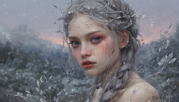 1girl,solo,long hair,looking at viewer,blue eyes,braid,grey hair,outdoors,parted lips,sky,artist name,blurry,tree,lips,grey eyes,eyelashes,single braid,makeup,blurry background,portrait,hair over shoulder,snow,freckles,ice,snowing,realistic,nose,red lips,bare shoulders,upper body,tears,grey sky