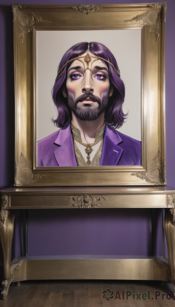 solo,looking at viewer,shirt,black hair,1boy,jewelry,closed mouth,purple eyes,jacket,upper body,purple hair,male focus,medium hair,necklace,facial hair,formal,suit,beard,circlet,wooden floor,mustache,purple jacket,picture frame,painting (object),1girl,short hair,bangs,parted lips,shiny,parted bangs,gem,portrait,goatee,portrait (object)