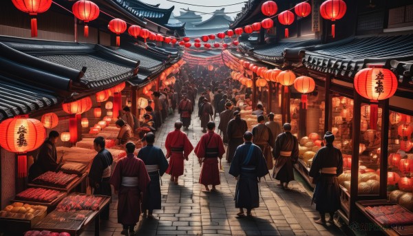 short hair,multiple girls,black hair,standing,outdoors,food,japanese clothes,multiple boys,sky,kimono,from behind,sash,night,6+girls,obi,building,night sky,scenery,walking,6+boys,lantern,facing away,red kimono,architecture,east asian architecture,paper lantern,crowd,festival,people,pavement,cloud,hakama,hakama skirt,food stand