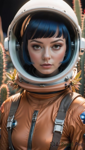 1girl,solo,breasts,looking at viewer,short hair,bangs,black hair,brown eyes,blue hair,upper body,flower,parted lips,blurry,lips,eyelashes,blurry background,helmet,zipper,science fiction,realistic,spacesuit,space helmet,astronaut,artist name,signature,blunt bangs,bob cut,reflection,nose,emblem,pilot suit,pilot