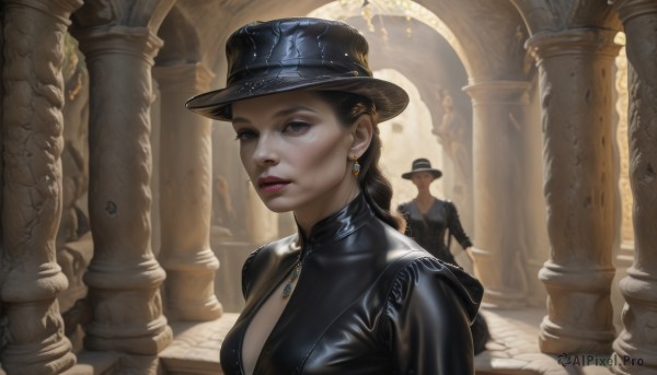 1girl,long hair,breasts,looking at viewer,blue eyes,brown hair,black hair,1boy,hat,cleavage,jewelry,medium breasts,jacket,upper body,braid,earrings,parted lips,solo focus,indoors,necklace,black eyes,black dress,lips,black jacket,black headwear,realistic,pillar,fedora,statue,arch,column,multiple girls,dress,2girls,makeup