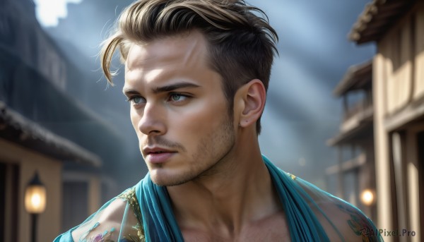 HQ,solo,short hair,brown hair,black hair,1boy,green eyes,collarbone,upper body,male focus,outdoors,parted lips,blurry,lips,looking to the side,tattoo,blurry background,facial hair,building,portrait,beard,realistic,nose,stubble,architecture,east asian architecture,blue eyes,jewelry,earrings,sky,day,looking away,sunlight,light,undercut,house