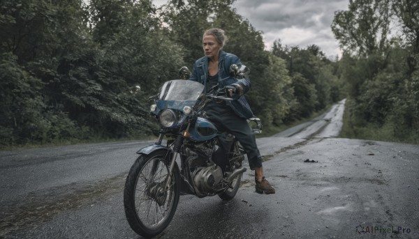 solo,looking at viewer,brown hair,gloves,1boy,jacket,male focus,outdoors,pants,cloud,fingerless gloves,open jacket,tree,facial hair,sandals,blue jacket,ground vehicle,nature,motor vehicle,realistic,road,motorcycle,denim jacket,short hair,shirt,boots,sky,day,black gloves,scar,brown footwear,black pants,sunglasses,cloudy sky,denim,jeans,mustache,riding,leather,leather jacket,photo background,on motorcycle