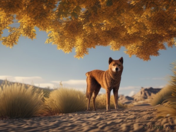 solo,outdoors,sky,day,blurry,tree,blue sky,no humans,depth of field,animal,leaf,grass,nature,scenery,dog,realistic,autumn leaves,animal focus,autumn,looking at viewer,standing,signature,blurry foreground,mountain