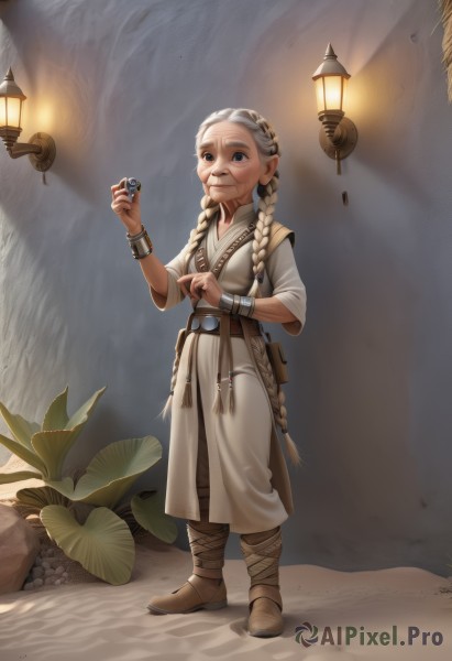 1girl,solo,long hair,smile,blue eyes,blonde hair,holding,jewelry,very long hair,closed mouth,standing,full body,braid,white hair,boots,pointy ears,necklace,twin braids,bracelet,brown footwear,ring,plant,child,pouch,lantern,rock,lamp,old,old woman,short sleeves,outdoors,belt,lips,leaf,watermark,thick eyebrows,gem,robe,realistic,nose,brown belt,belt pouch,tunic,wrinkled skin