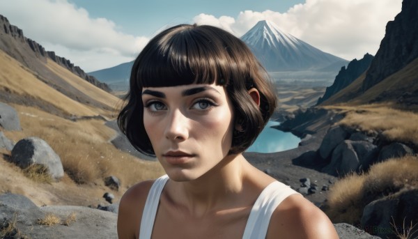 1girl,solo,looking at viewer,short hair,bangs,brown hair,black hair,bare shoulders,brown eyes,closed mouth,collarbone,upper body,outdoors,sky,day,cloud,blunt bangs,mole,black eyes,blue sky,lips,grey eyes,bob cut,thick eyebrows,cloudy sky,tank top,portrait,scenery,rock,mountain,realistic,nose,white tank top,mountainous horizon,artist name,signature,eyelashes,freckles