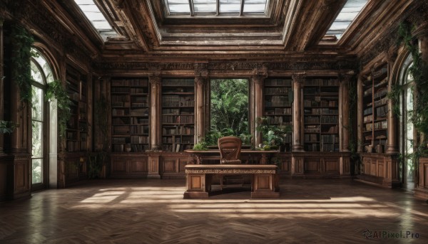 day,indoors,tree,book,no humans,window,shadow,chair,table,sunlight,plant,scenery,light rays,wooden floor,bookshelf,potted plant,sunbeam,shelf,book stack,library,reflection,reflective floor