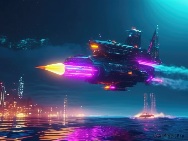 outdoors,sky,cloud,water,no humans,night,glowing,ocean,building,star (sky),night sky,scenery,starry sky,reflection,flying,science fiction,city,aircraft,cityscape,watercraft,skyscraper,spacecraft,city lights,lights,vehicle focus