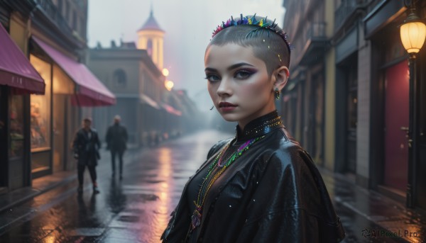 1girl,looking at viewer,short hair,blue eyes,jewelry,jacket,upper body,grey hair,earrings,outdoors,parted lips,multiple boys,solo focus,day,pants,necklace,bag,blurry,lips,black jacket,grey eyes,eyelashes,makeup,depth of field,blurry background,piercing,building,eyeshadow,reflection,walking,city,realistic,nose,red lips,road,eyeliner,very short hair,leather,lamppost,street,leather jacket,puddle,mascara,pavement,dress,formal,suit,crown,lipstick,scenery,freckles,rain