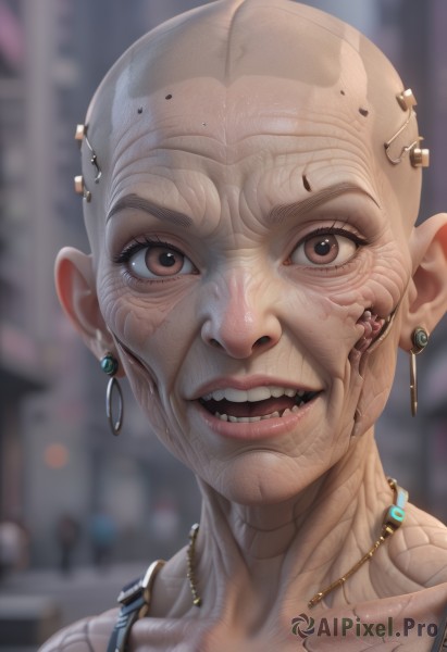 1girl,solo,looking at viewer,smile,open mouth,brown eyes,jewelry,collarbone,earrings,teeth,necklace,blurry,lips,blurry background,portrait,veins,realistic,android,bald,horror (theme),1boy,male focus,eyelashes,tattoo,cyborg