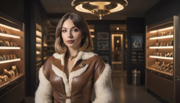 1girl,solo,breasts,looking at viewer,smile,short hair,bangs,brown hair,black hair,brown eyes,jewelry,medium breasts,closed mouth,jacket,upper body,multicolored hair,earrings,food,choker,indoors,medium hair,necklace,blurry,two-tone hair,lips,coat,parted bangs,fur trim,makeup,blurry background,halo,bottle,lipstick,hoop earrings,realistic,nose,red lips,shelf,shop,bar (place),fur coat,counter,parted lips,depth of field