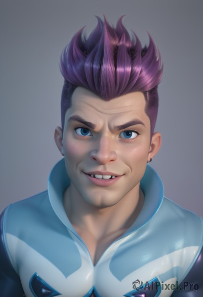 solo,looking at viewer,smile,short hair,blue eyes,simple background,1boy,jewelry,upper body,pink hair,purple hair,male focus,earrings,parted lips,teeth,shiny,grey background,lips,gradient,gradient background,bodysuit,facial hair,piercing,spiked hair,ear piercing,portrait,realistic,nose,stud earrings,undercut,mohawk,multicolored hair,artist name,muscular,pectorals,muscular male,bara