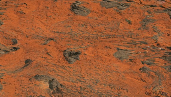 solo,outdoors,no humans,from above,traditional media,nature,scenery,rock,wide shot,orange theme,sand,orange background,footprints