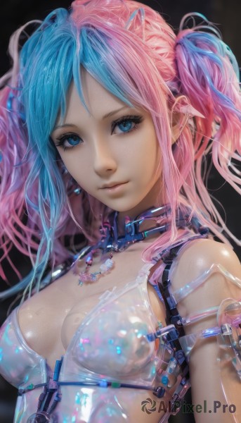 1girl,solo,long hair,breasts,looking at viewer,smile,bangs,blue eyes,simple background,cleavage,twintails,jewelry,medium breasts,closed mouth,blue hair,upper body,pink hair,multicolored hair,small breasts,shiny,necklace,two-tone hair,lips,see-through,shiny skin,eyelashes,gradient hair,makeup,black background,realistic,nose,bare shoulders,earrings,collar,zipper,shiny clothes