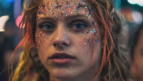 1girl,solo,long hair,looking at viewer,blue eyes,blonde hair,brown hair,jewelry,parted lips,teeth,blurry,black eyes,lips,eyelashes,depth of field,blurry background,gem,portrait,close-up,freckles,circlet,realistic,nose,head chain,braid,orange hair