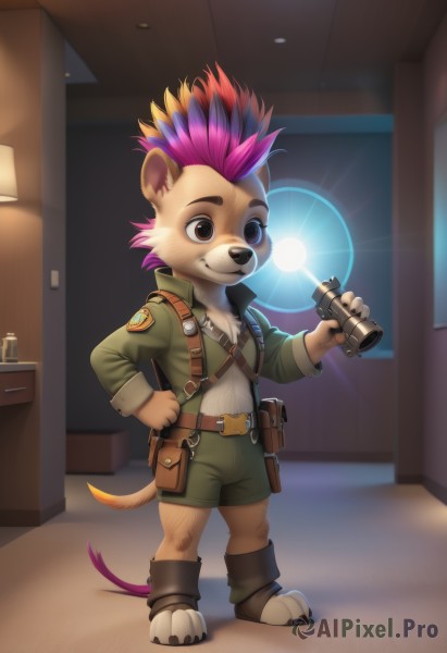 solo,smile,1boy,holding,animal ears,standing,jacket,tail,full body,weapon,pink hair,purple hair,male focus,multicolored hair,shorts,belt,indoors,black eyes,hand on hip,gun,furry,furry male,male child,green shorts,flashlight,shirt,brown eyes,barefoot,artist name,watermark,green jacket,brown fur,binoculars