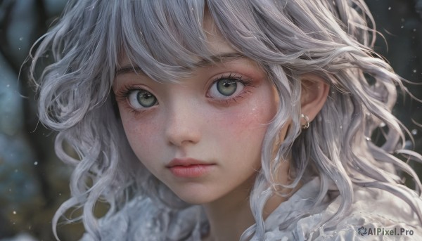 1girl,solo,long hair,looking at viewer,blush,bangs,jewelry,closed mouth,green eyes,white hair,earrings,outdoors,blurry,lips,eyelashes,depth of field,blurry background,wavy hair,portrait,snow,close-up,freckles,snowing,realistic,nose,grey hair,frills,artist name,expressionless,messy hair,light particles