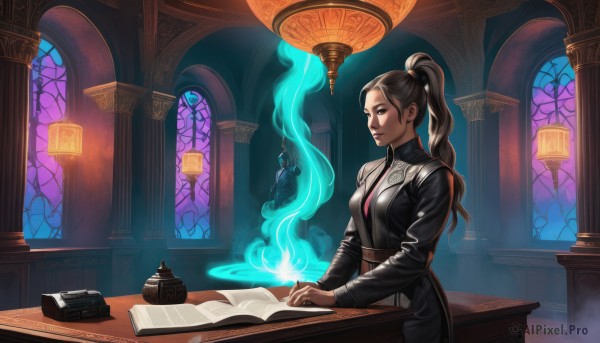 A female amidst a idyllic fiery window
