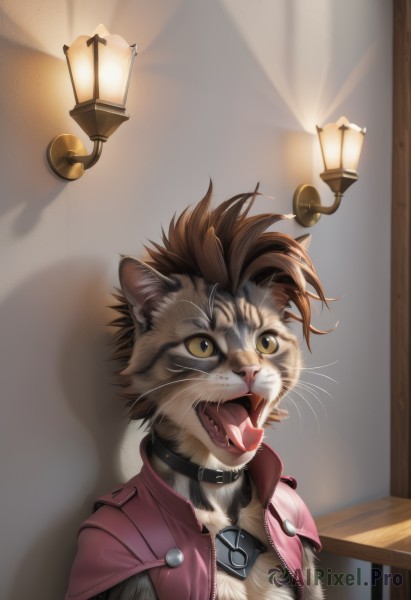 solo,short hair,open mouth,brown hair,shirt,1boy,animal ears,brown eyes,jacket,yellow eyes,upper body,male focus,open clothes,teeth,tongue,indoors,tongue out,vest,collar,no humans,shadow,animal,fangs,cat,looking up,curtains,red jacket,furry,lantern,lamp,furry male,body fur,animal focus,yellow sclera,whiskers,light bulb,open jacket,realistic,animalization,clothed animal