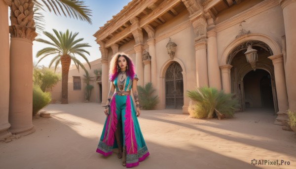 1girl,solo,long hair,looking at viewer,smile,skirt,brown hair,black hair,brown eyes,jewelry,standing,full body,pantyhose,earrings,outdoors,sky,day,midriff,belt,dark skin,necklace,bracelet,dark-skinned female,tree,shadow,brown footwear,sunlight,plant,building,scenery,walking,long skirt,palm tree,bangle,shade,fringe trim,lamppost,pillar,arch,column,breasts,pants,sandals