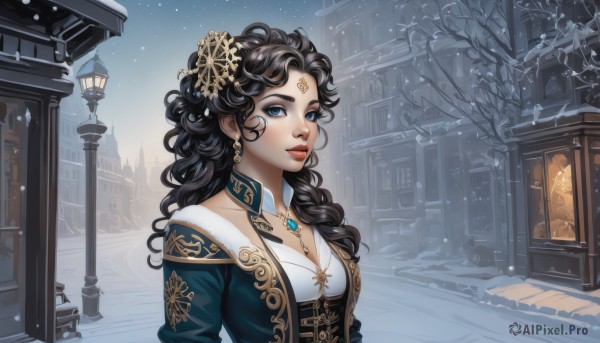 1girl,solo,long hair,breasts,looking at viewer,blue eyes,black hair,hair ornament,cleavage,jewelry,medium breasts,upper body,earrings,outdoors,parted lips,necklace,tree,lips,makeup,detached collar,wavy hair,facial mark,lipstick,building,gem,corset,snow,pendant,curly hair,snowing,forehead mark,red lips,winter,lamppost,bare tree,dress,braid,eyelashes,night,crescent,forehead jewel