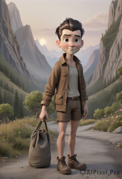 solo,looking at viewer,blush,short hair,brown hair,shirt,black hair,long sleeves,1boy,holding,brown eyes,closed mouth,standing,jacket,full body,white shirt,flower,male focus,boots,outdoors,open clothes,sky,shorts,belt,cloud,bag,open jacket,tree,brown footwear,grass,child,nature,brown jacket,mountain,holding bag,male child,brown shorts,mountainous horizon,smile,scenery,sunset,bush,path