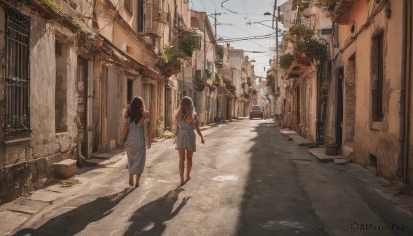 long hair, multiple girls, brown hair, black hair, dress, 2girls, outdoors, sky, barefoot, day, from behind, white dress, shadow, plant, ground vehicle, building, scenery, motor vehicle, walking, city, car, road, house, power lines, street, utility pole, town, alley, vanishing point