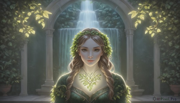 1girl,solo,long hair,breasts,looking at viewer,smile,brown hair,dress,cleavage,brown eyes,closed mouth,upper body,braid,water,twin braids,lips,makeup,leaf,sunlight,plant,lipstick,hair over shoulder,green dress,nose,red lips,vines,pillar,waterfall,arch,column,fountain,ivy,medium breasts,collarbone,outdoors,backlighting,head wreath