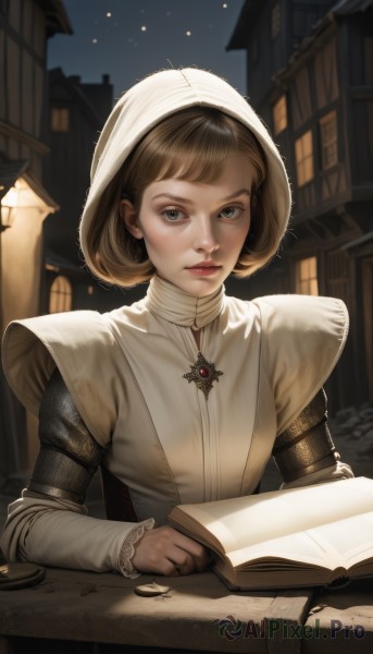 1girl,solo,looking at viewer,short hair,bangs,brown hair,long sleeves,dress,holding,brown eyes,jewelry,closed mouth,upper body,outdoors,sky,necklace,lips,grey eyes,book,night,building,night sky,freckles,holding book,open book,realistic,nose,blue eyes,window,table,bonnet