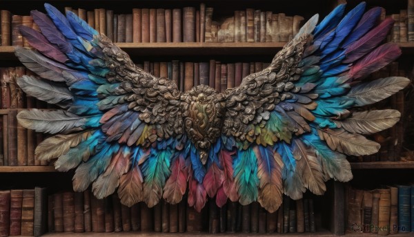 wings,book,no humans,traditional media,feathers,gem,scenery,feathered wings,crystal,fantasy,bookshelf,library,blue wings,multiple wings,still life,solo,indoors,too many