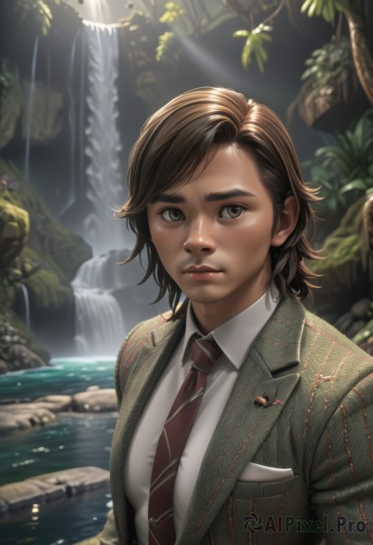 1girl,solo,breasts,looking at viewer,short hair,brown hair,shirt,long sleeves,brown eyes,closed mouth,jacket,white shirt,upper body,outdoors,necktie,day,striped,collared shirt,artist name,water,blurry,tree,lips,wet,watermark,formal,sunlight,blazer,suit,wing collar,red necktie,nature,freckles,pocket,light rays,rock,green jacket,realistic,grey jacket,nose,breast pocket,waterfall,pinstripe suit