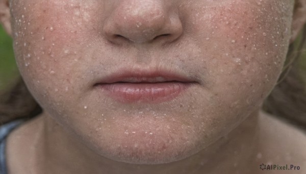 solo,1boy,male focus,blurry,lips,wet,facial hair,portrait,close-up,freckles,realistic,nose,stubble,1girl,brown hair,sweat,parted lips,blurry background,head out of frame