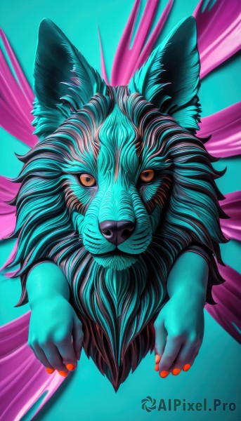 solo,looking at viewer,simple background,full body,yellow eyes,orange eyes,no humans,animal,blue background,colored sclera,realistic,animal focus,aqua background,wolf,closed mouth,signature,nail polish,orange nails