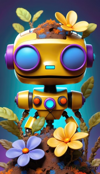 solo,looking at viewer,standing,full body,flower,outdoors,gradient,gradient background,no humans,leaf,blue background,robot,mecha,yellow flower,non-humanoid robot,tree,grass,blue flower,field,flower field,humanoid robot