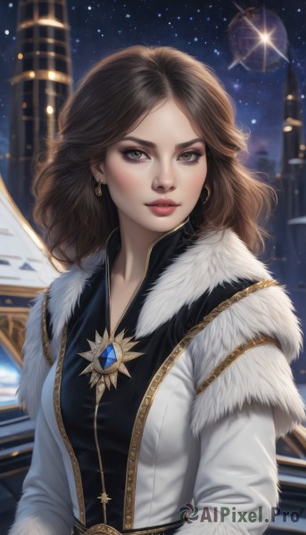 1girl,solo,long hair,breasts,looking at viewer,brown hair,long sleeves,brown eyes,jewelry,medium breasts,jacket,upper body,earrings,parted lips,open clothes,sky,artist name,medium hair,necklace,blurry,lips,coat,fur trim,black shirt,makeup,night,lipstick,gem,star (sky),night sky,forehead,starry sky,gold trim,nose,white coat,red lips,bangs,dress,belt,parted bangs,eyelashes,watermark,eyeshadow,realistic