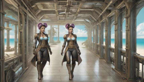 1girl,breasts,looking at viewer,short hair,multiple girls,large breasts,gloves,2girls,cleavage,brown eyes,jewelry,medium breasts,purple hair,boots,sky,day,pants,cloud,dark skin,water,necklace,hair bun,armor,dark-skinned female,double bun,multiple views,ocean,beach,brown footwear,black pants,knee boots,shoulder armor,corset,brown gloves,walking,palm tree,watercraft,leather,leather boots,earrings,choker,lips,coat,bodysuit,lipstick,aircraft